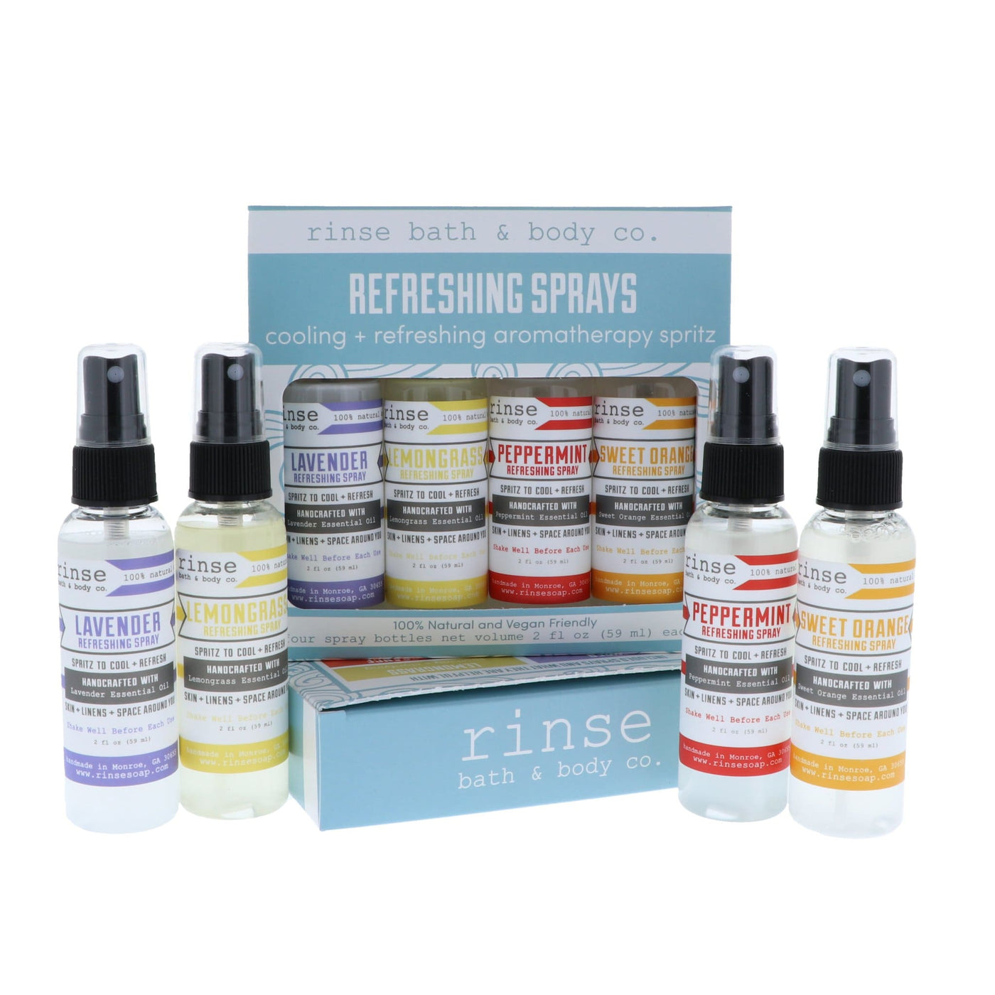 4 Pack Of Mini Refreshing Sprays room and linen spray from Rinse - essential oil based - alternate angle