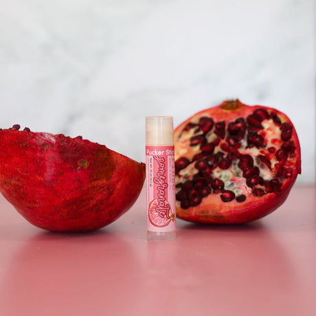Handmade Pomegranate natural lip balm - naturally derived - detail view