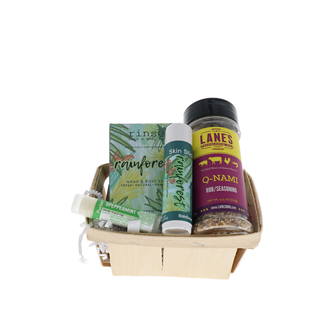 Board Shorts Dad bundle in wooden berry basket with Rinse Rainforest soap, skin stick and Lane's Q-NAMI rub