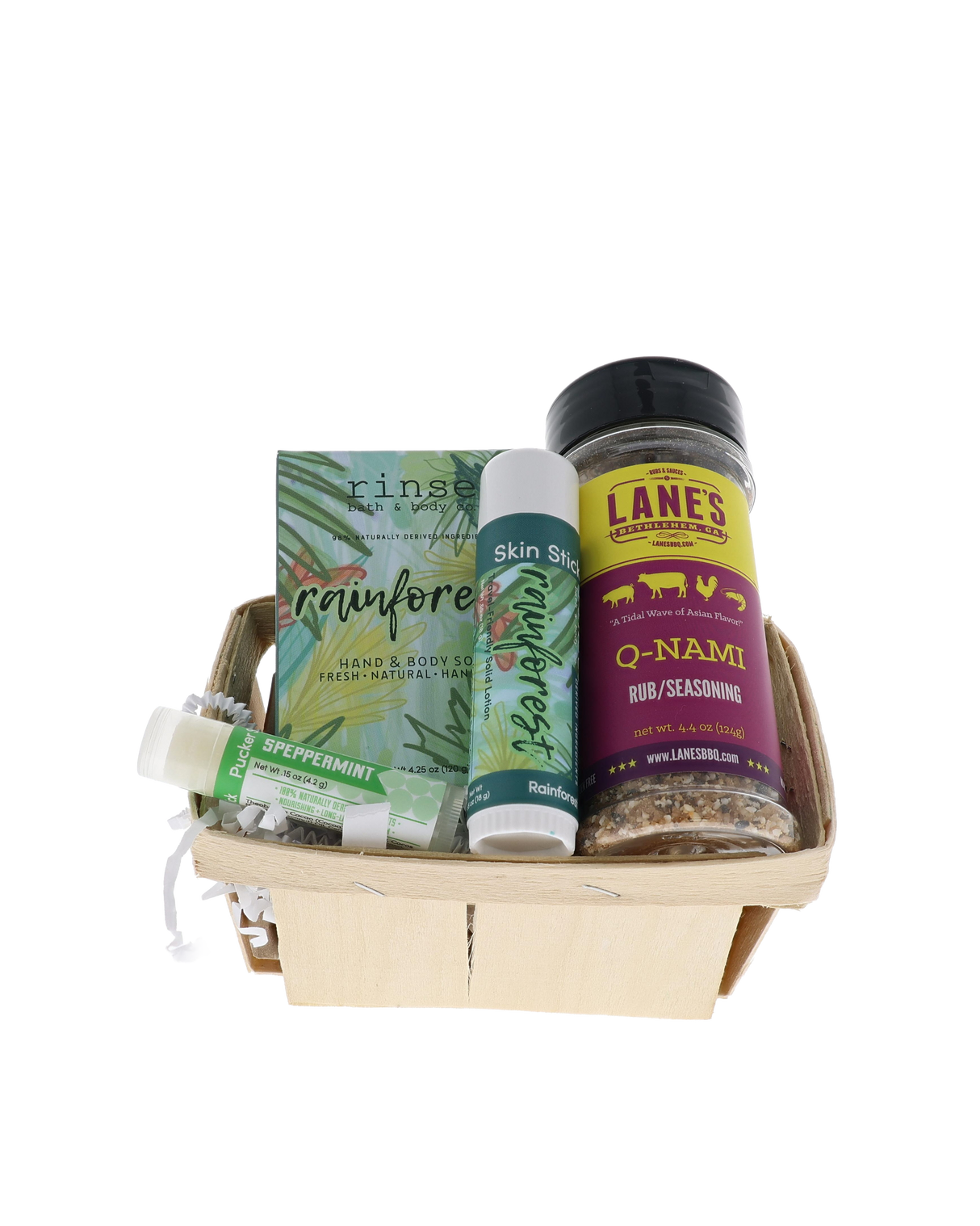 Board Shorts Dad bundle in wooden berry basket with Rinse Rainforest soap, skin stick and Lane's Q-NAMI rub
