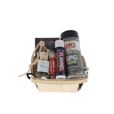 Classic Good Ole Dad bundle in wooden berry basket with Rinse Flannel soap, skin stick, car diffuser and Lane's SPG rub