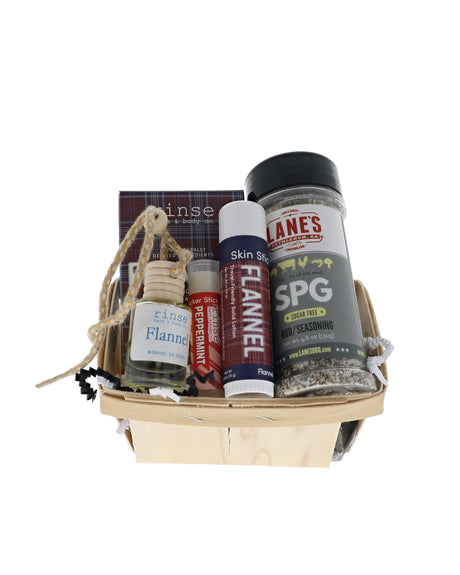 Classic Good Ole Dad bundle in wooden berry basket with Rinse Flannel soap, skin stick, car diffuser and Lane's SPG rub