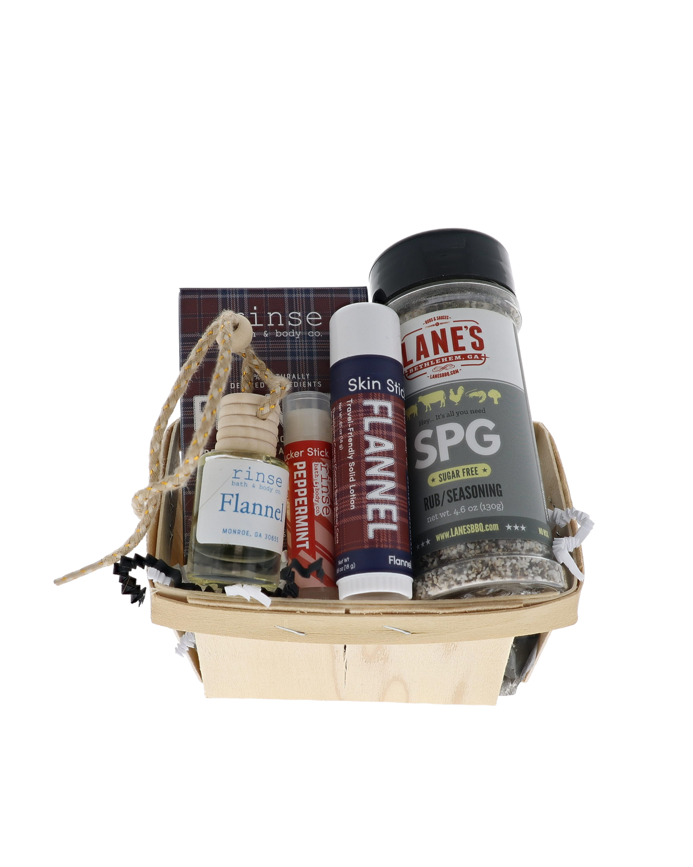 Classic Good Ole Dad bundle in wooden berry basket with Rinse Flannel soap, skin stick, car diffuser and Lane's SPG rub