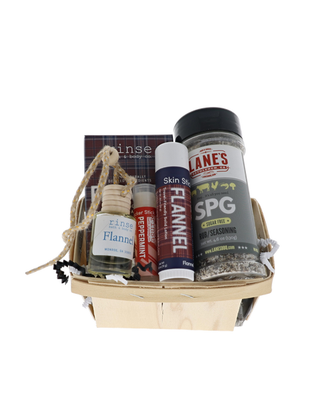 Classic Good Ole Dad bundle in wooden berry basket with Rinse Flannel soap, skin stick, car diffuser and Lane's SPG rub