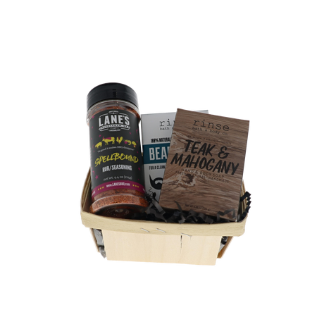 Flannel bundle in wooden berry basket with Rinse Teak and Mahogany soap, Beard Bar and Lane's Spellbound rub