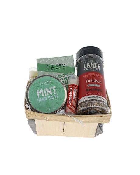 Pitmaster's Hands bundle in wooden berry basket with Rinse Mint Hand Salve, bar soap and Lane's Brisket rub