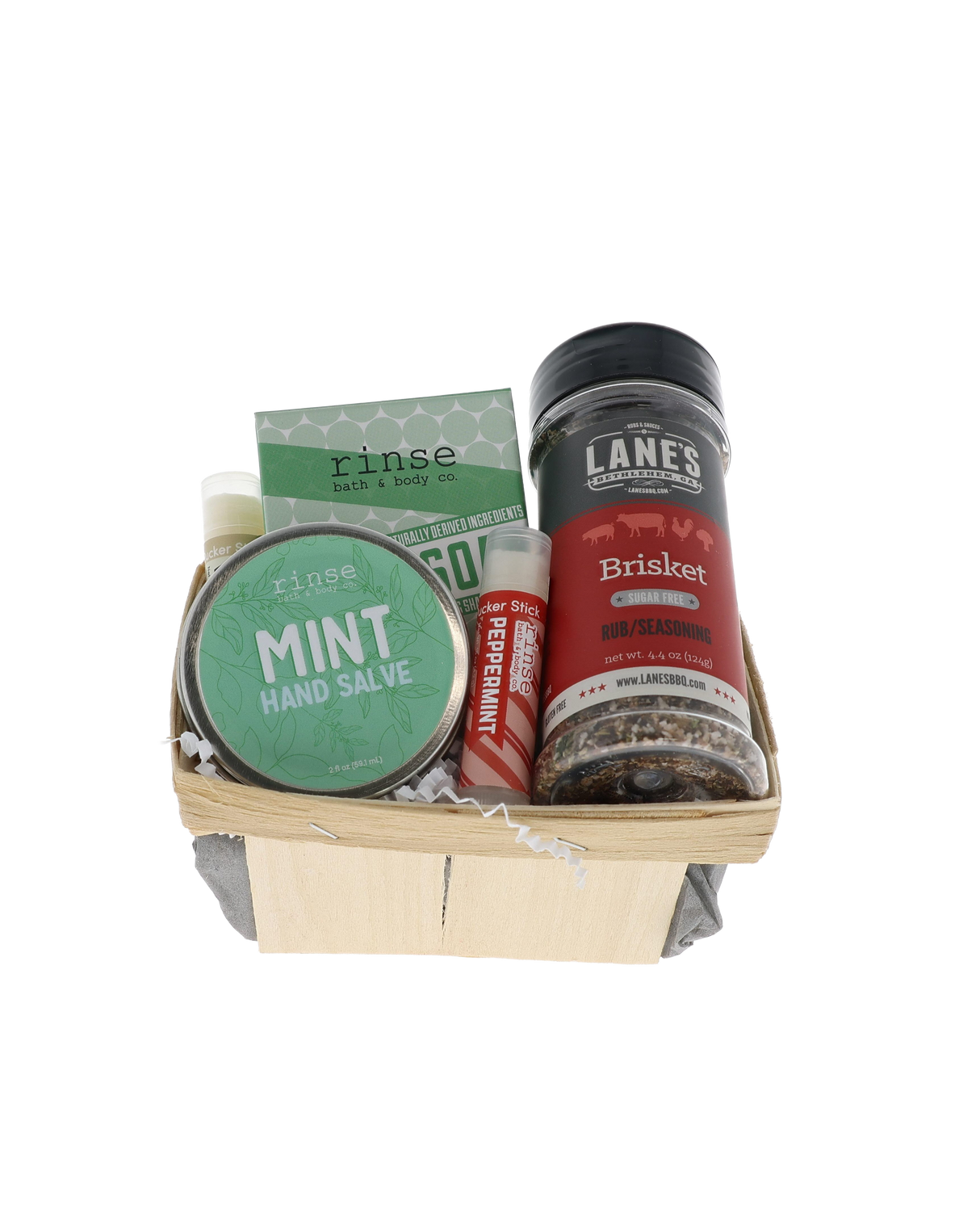 Pitmaster's Hands bundle in wooden berry basket with Rinse Mint Hand Salve, bar soap and Lane's Brisket rub
