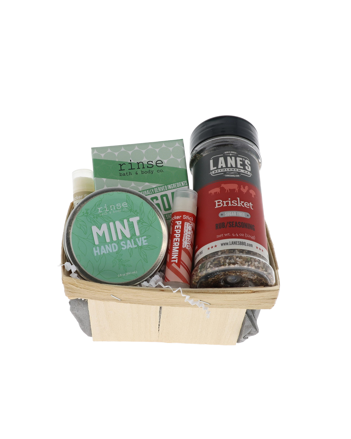 Pitmaster's Hands bundle in wooden berry basket with Rinse Mint Hand Salve, bar soap and Lane's Brisket rub