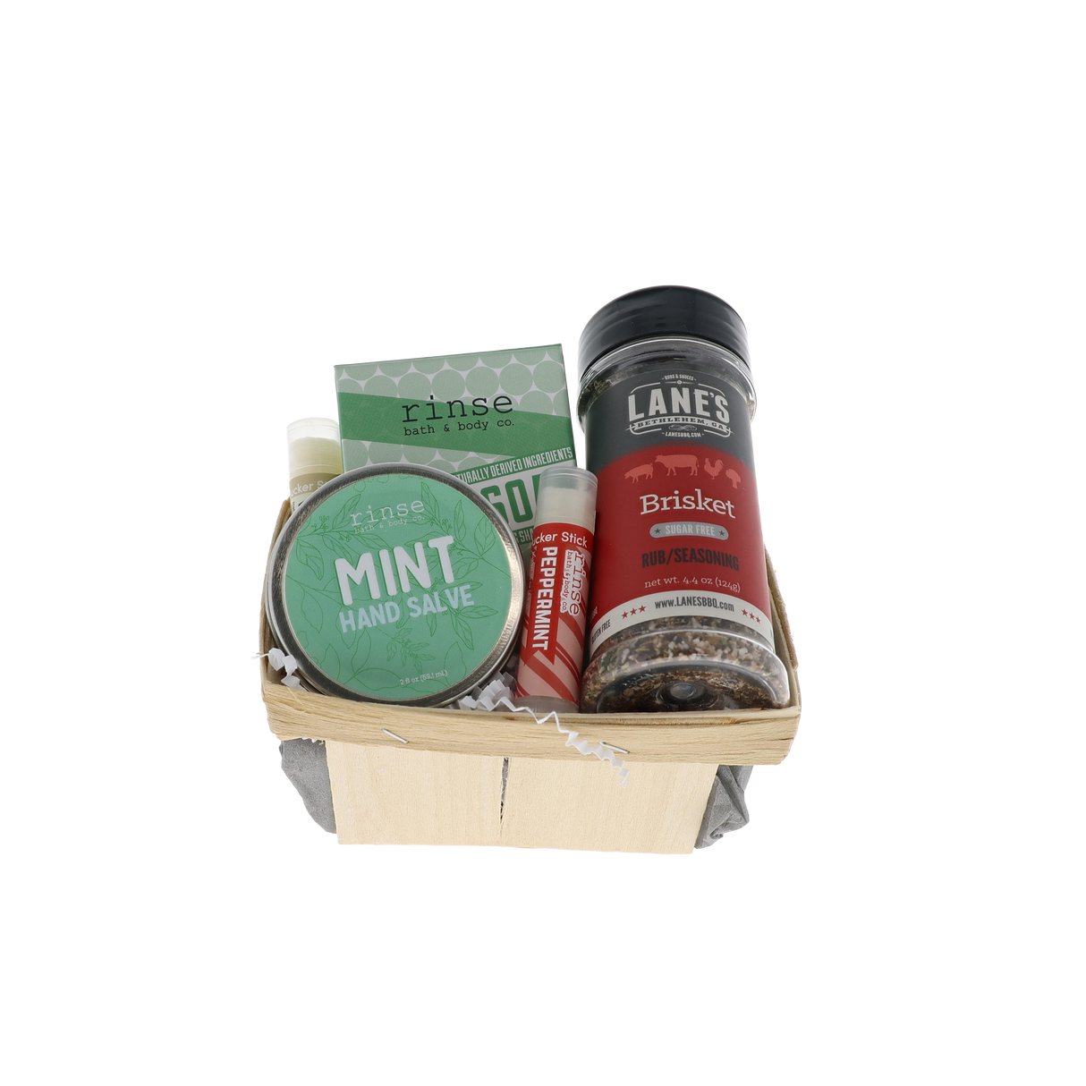 Pitmaster's Hands bundle in wooden berry basket with Rinse Mint Hand Salve, bar soap and Lane's Brisket rub