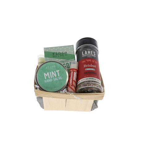 Pitmaster's Hands bundle in wooden berry basket with Rinse Mint Hand Salve, bar soap and Lane's Brisket rub