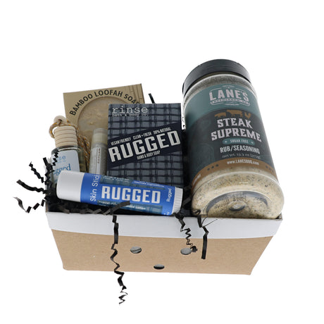Rugged Grill Master gift crate with Rinse soap, skin stick, car diffuser and Lane's Steak Supreme rub