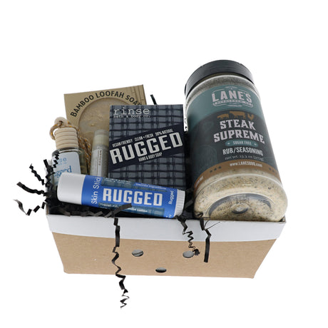 Rugged Grill Master gift crate with Rinse soap, skin stick, car diffuser and Lane's Steak Supreme rub