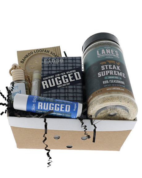 Rugged Grill Master gift crate with Rinse soap, skin stick, car diffuser and Lane's Steak Supreme rub