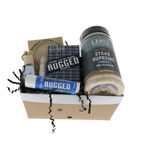 Rugged Grill Master gift crate with Rinse soap, skin stick, car diffuser and Lane's Steak Supreme rub