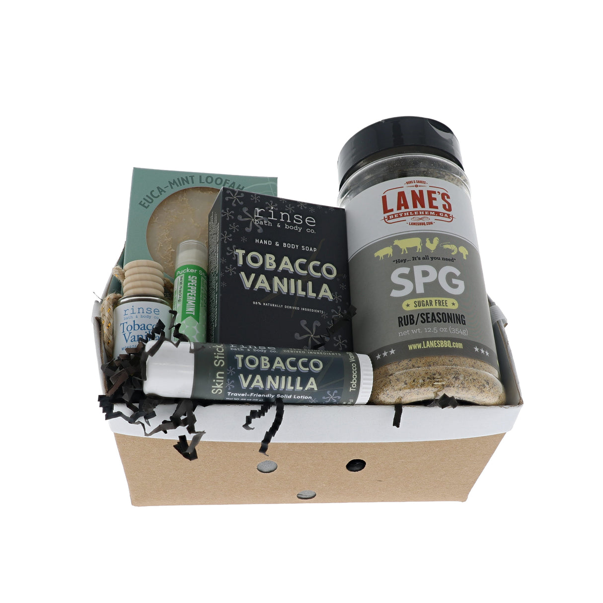 Tobacco Vanilla crate with Rinse soaps, diffuser, skin stick and Lane's SPG rub