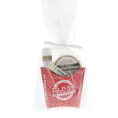 Bamboo Vanilla fry box with Rinse Bamboo loofah soap, skin stick, vanilla pucker stick and Lane's SPG rub