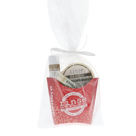 Bamboo Vanilla fry box with Rinse Bamboo loofah soap, skin stick, vanilla pucker stick and Lane's SPG rub