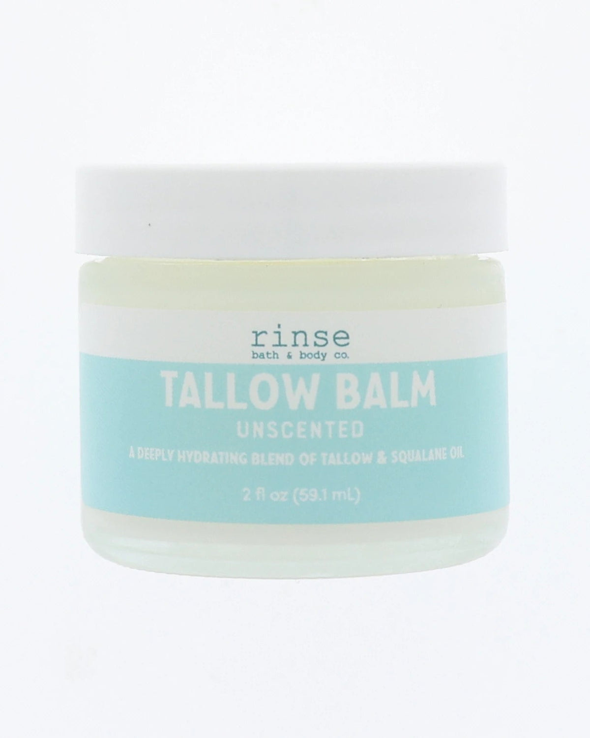 Jar of unscented Tallow Balm with 'rinse' branding on a white background