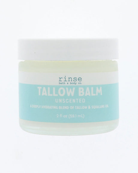 Jar of unscented Tallow Balm with 'rinse' branding on a white background