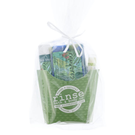Rainforest gift pack in green chevron fry-bag with soap, skin stick, and kiwi pucker stick