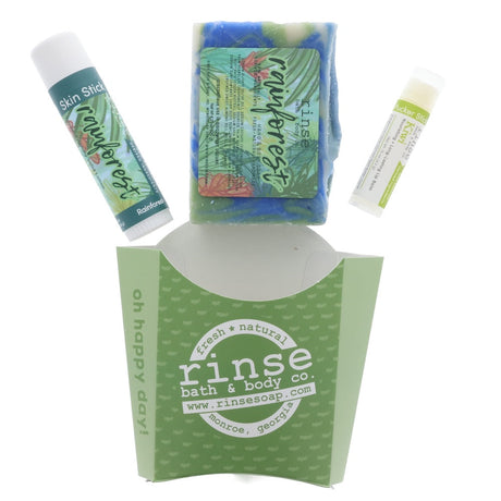 Rainforest gift pack in green chevron fry-bag with soap, skin stick, and kiwi pucker stick