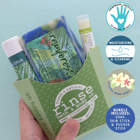 Rainforest gift pack in green chevron fry-bag with soap, skin stick, and kiwi pucker stick