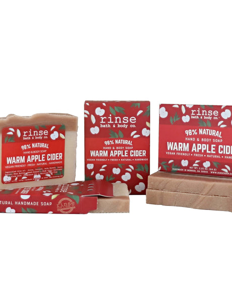 Warm Apple Cider mini bar soap — a half-size bar of spiced apple and clove, sized for travel, guest baths and stocking stuffers. Rinse Bath & Body Co.