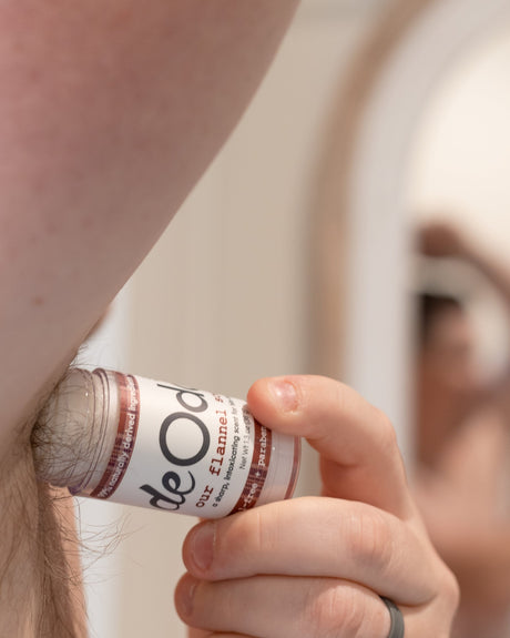 Flannel DeOdor Stick twisted up and ready — sharp musk and clean cotton in an aluminium-free, baking-soda-free deodorant. Rinse Bath & Body Co.