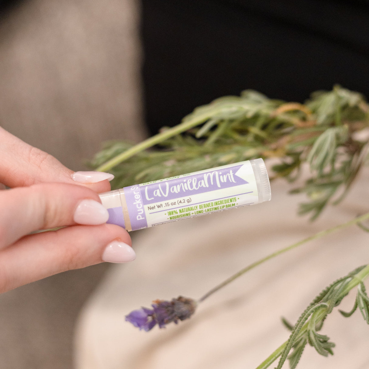 Handmade Lavanilla Mint natural lip balm - naturally derived - detail view