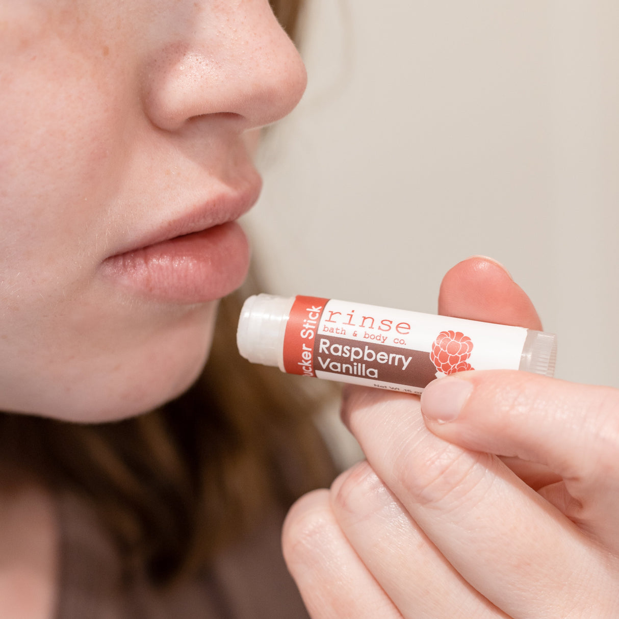 Handmade Raspberry Vanilla natural lip balm - naturally derived - alternate angle