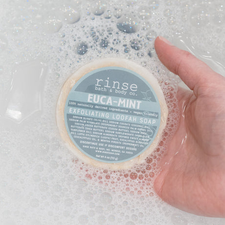 handmade natural bar soap in Euca Mint Loofah by Rinse Bath & Body - alternate angle