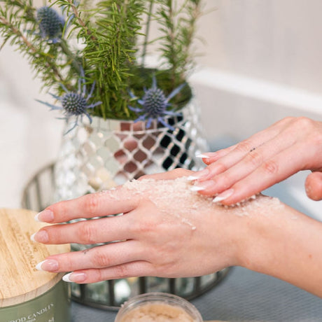 natural sugar scrub in Tobacco Vanilla by Rinse Bath & Body - alternate angle