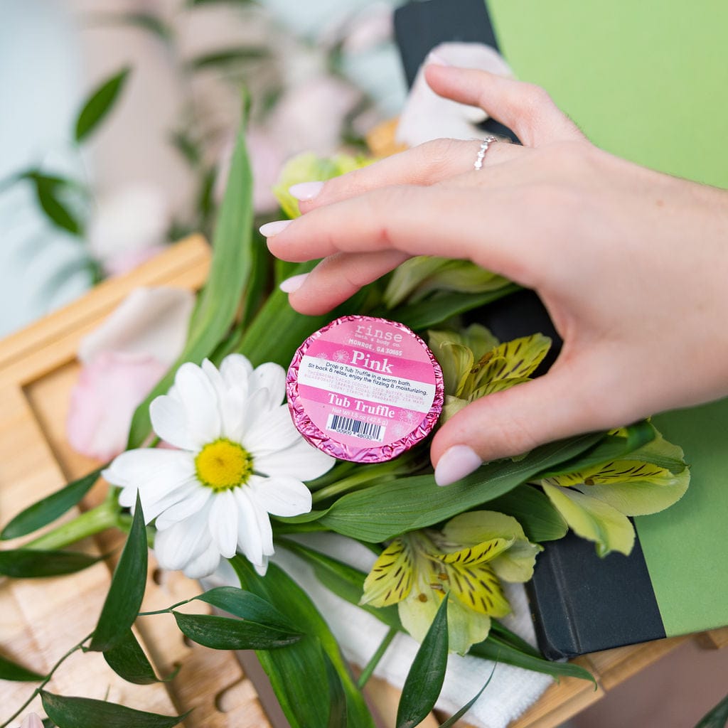 Pink Cocoa Butter Bath Bomb styled with florals — Rinse Bath & Body Co.