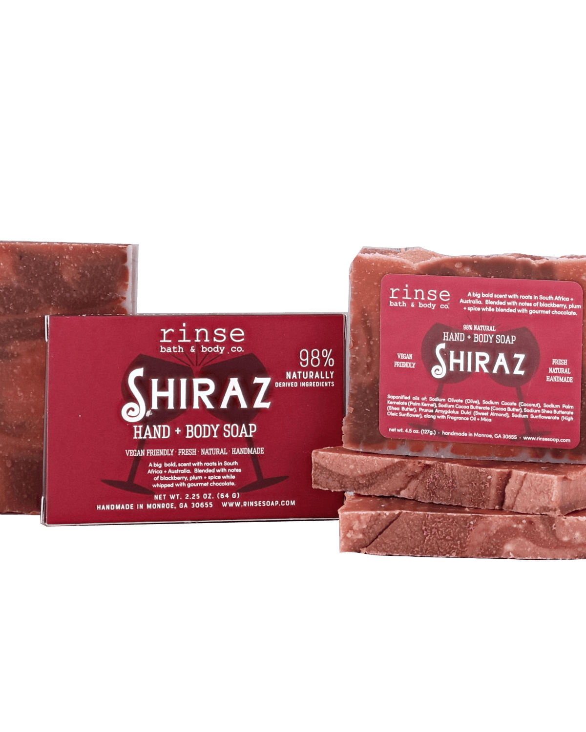 Marbled Shiraz soap slabs and burgundy box against black — blackberry, plum, spice, and chocolate