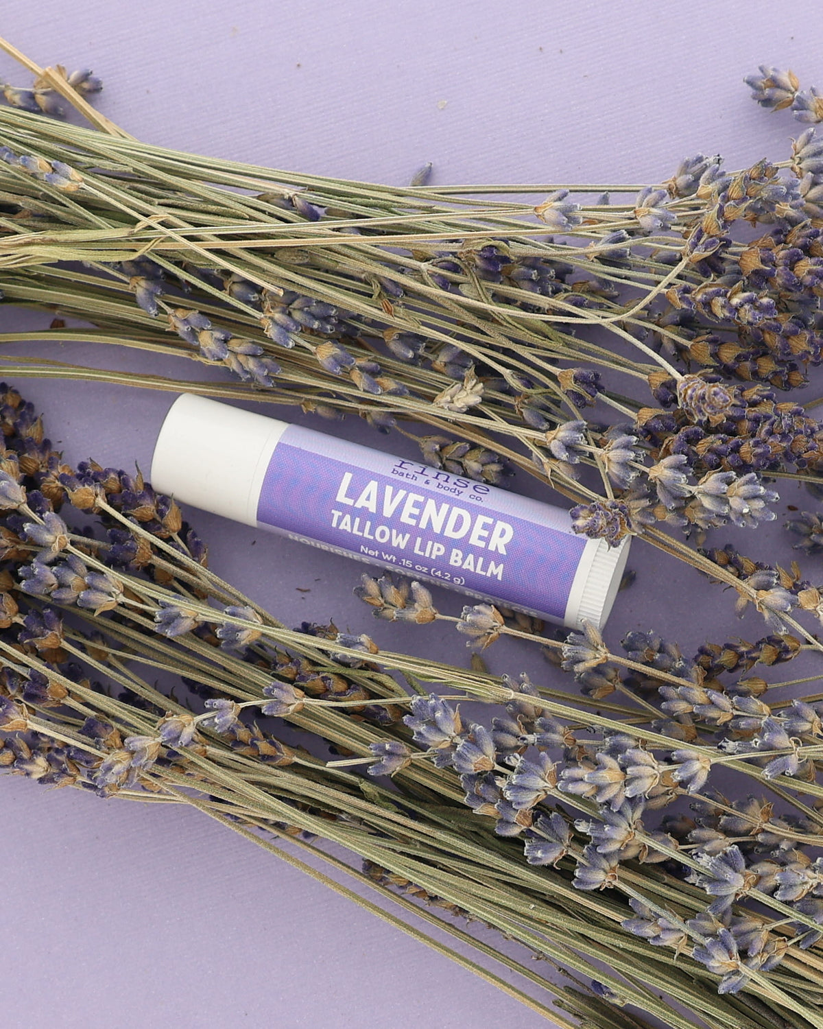 Lavender Tallow Lip Balm tube with purple label resting among dried lavender bundles on a lilac backdrop