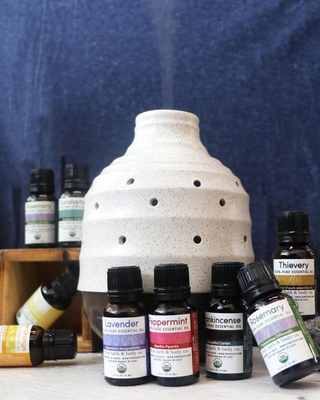 Aller-Ease essential oil in its amber dropper bottle with the USDA organic seal — undiluted, made for a diffuser. Rinse Bath & Body Co.