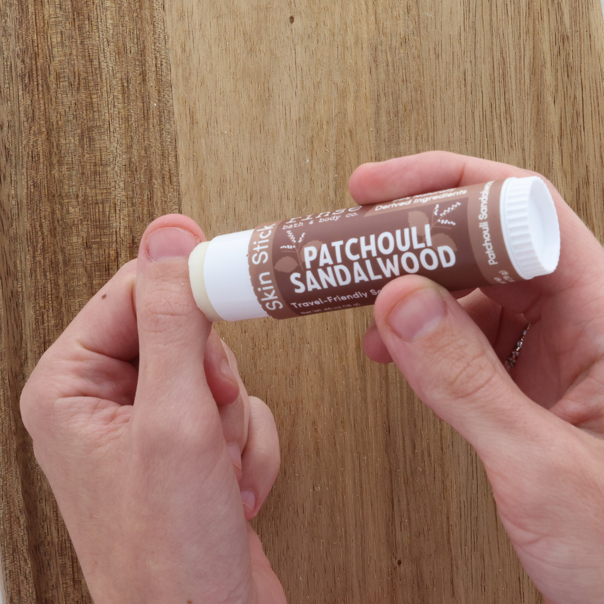 Natural solid lotion stick | Patchouli Sandalwood | Rinse Bath & Body Co. - alternate angle