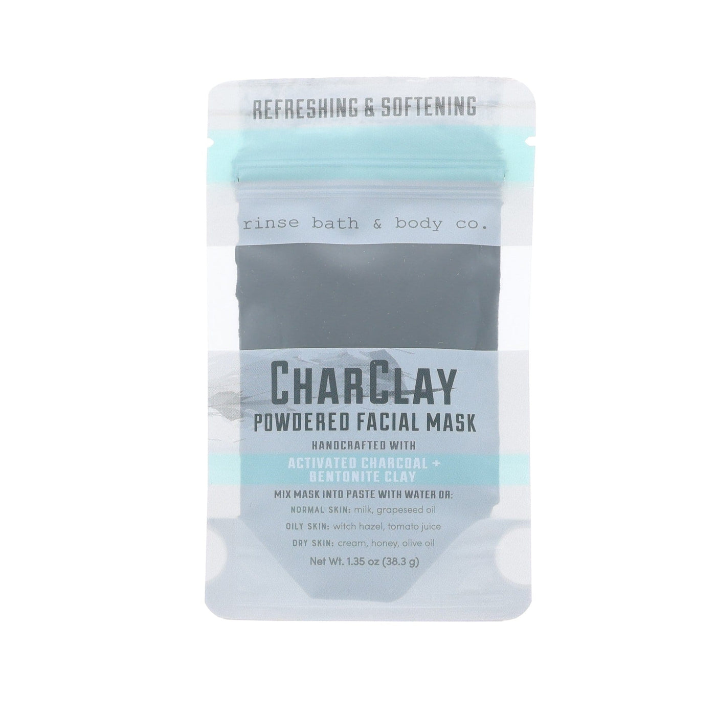 The CharClay Face Mask pouch, front label forward, on a plain white background. Rinse Bath & Body Co.