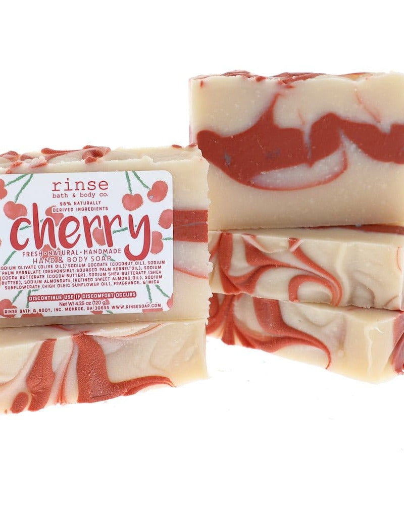 Four Cherry soap bars stack showing creamy red marble — cherry label crisp on clean bright white
