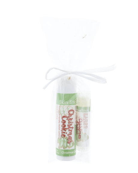 Christmas Cookie Skin Stick and Pucker Stick in sheer cello with white ribbon — cookie labels, ready-to-gift lip and lotion duo
