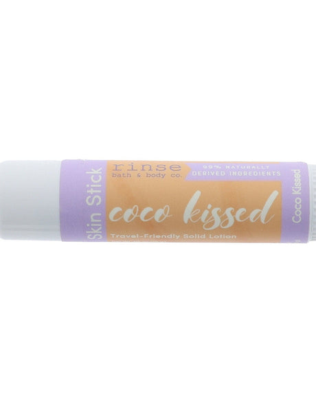 Coco Kissed solid lotion stick — warm beach coconut with soft vanilla in a twist-up bar. Rinse Bath & Body Co.