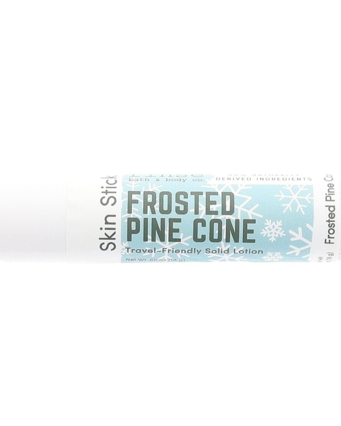 Frosted Pine Cone Skin Stick stylized on bright white — soft blue snowflake label in clean studio light