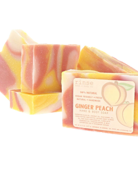 Ginger Peach bar soap with its peach-toned swirl, label facing out. Rinse Bath & Body Co.
