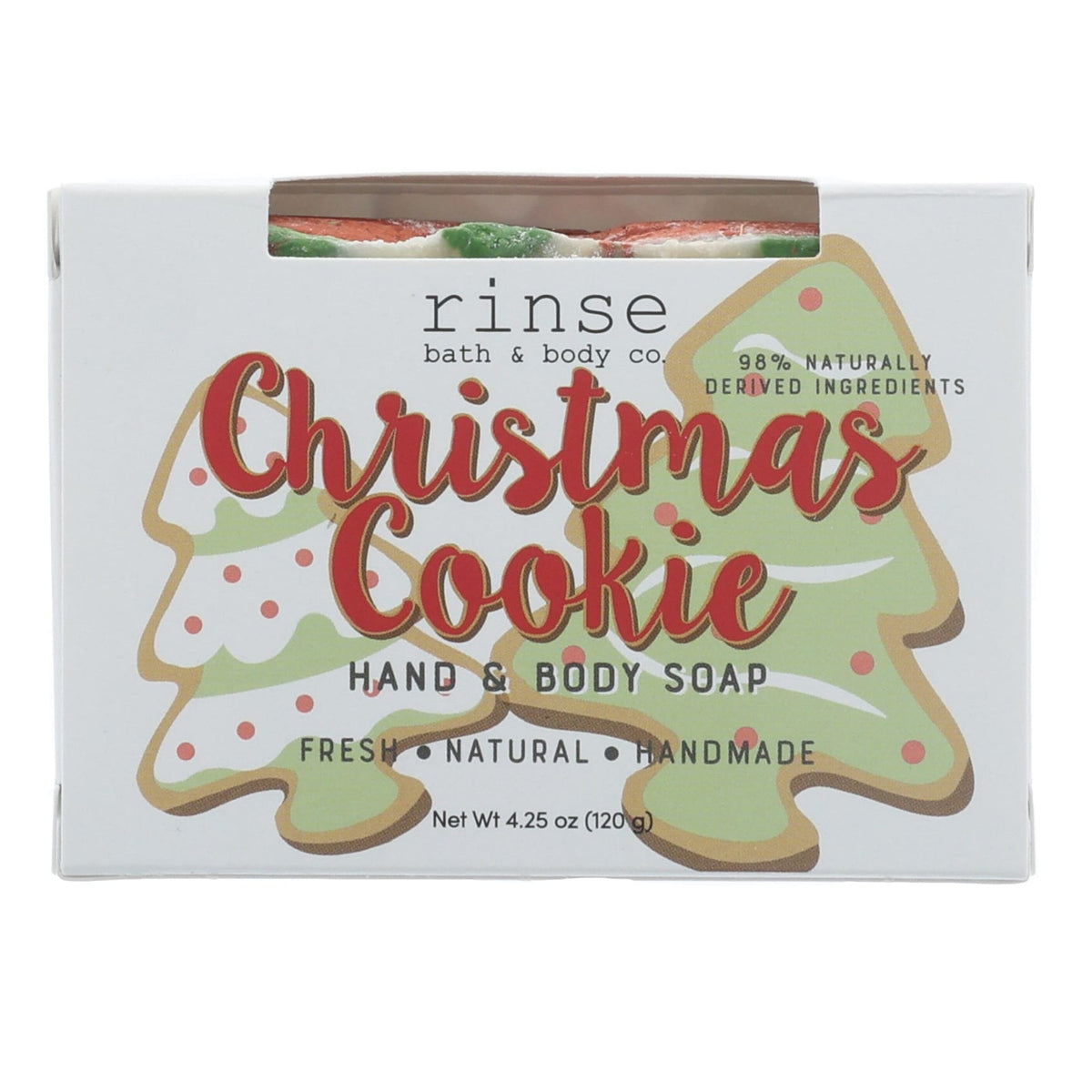 The Christmas Cookie bar in its tree-shaped holiday wrap — sugar-cookie sweet, ready to tuck into a stocking. Rinse Bath & Body Co.