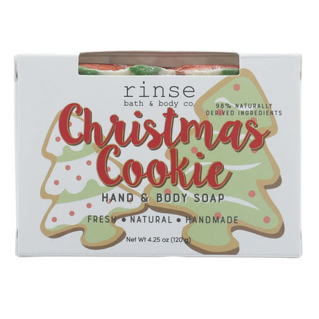 The Christmas Cookie bar in its tree-shaped holiday wrap — sugar-cookie sweet, ready to tuck into a stocking. Rinse Bath & Body Co.