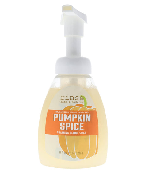 The seasonal foaming hand soaps together — Pumpkin Spice alongside its fall companions on the shelf. Rinse Bath & Body Co.