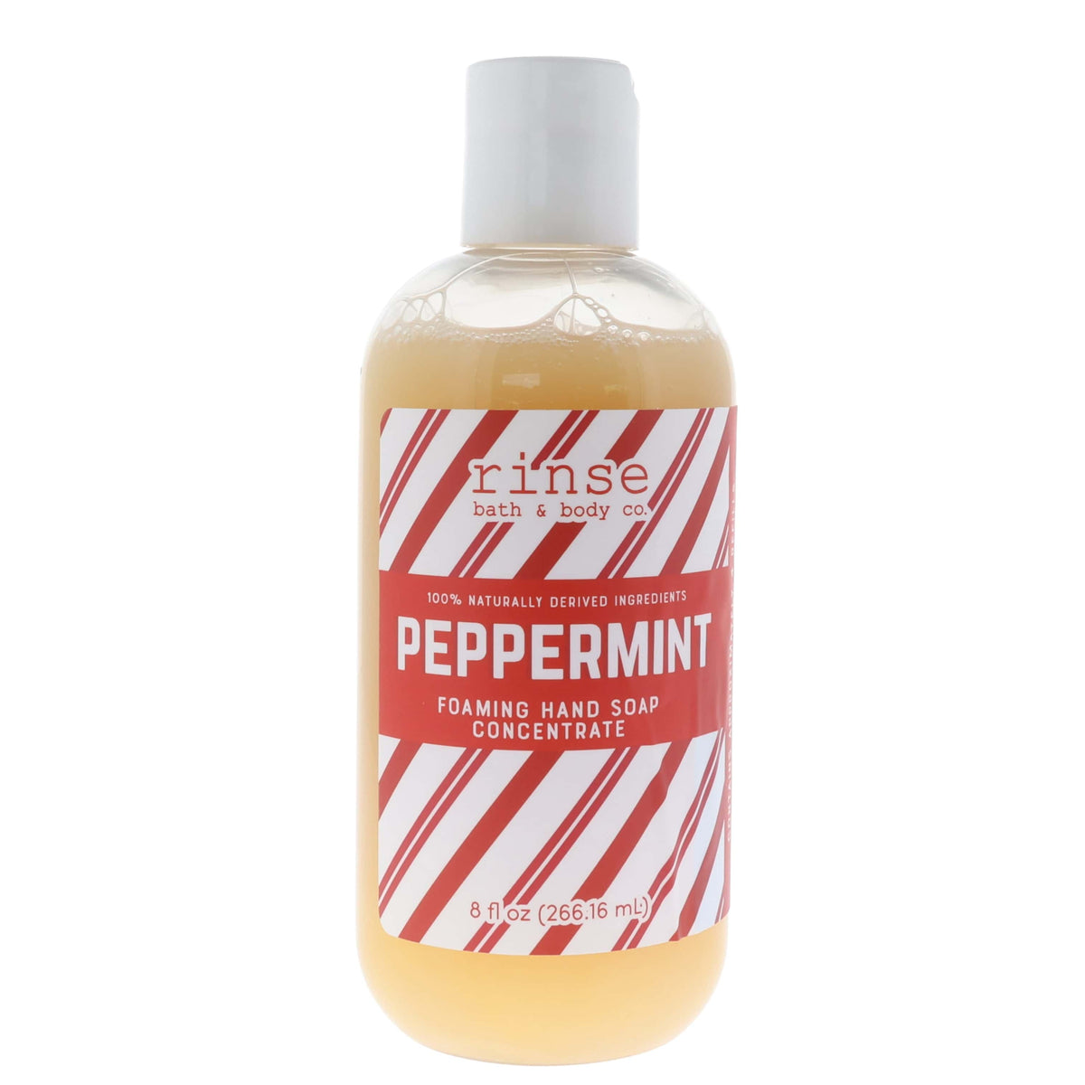 Peppermint Foaming Hand Soap Concentrate bottle centered in bright studio light — candy-cane stripes wrapping pale amber liquid