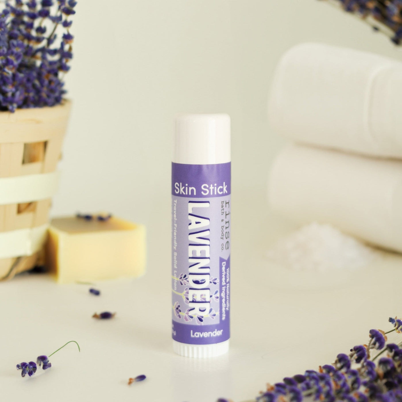 Lavender Solid Lotion Skin Stick styled with lavender — Rinse Bath & Body Co.