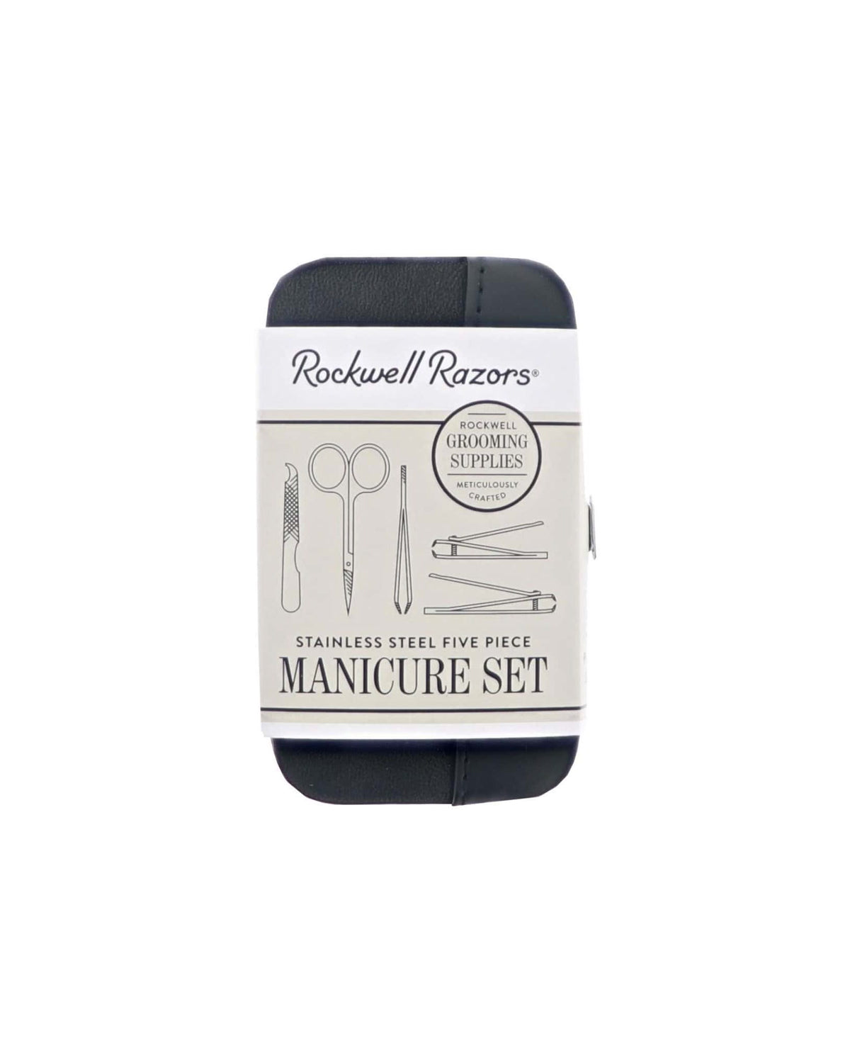 Rockwell stainless 5-piece manicure set in black case with white sleeve.