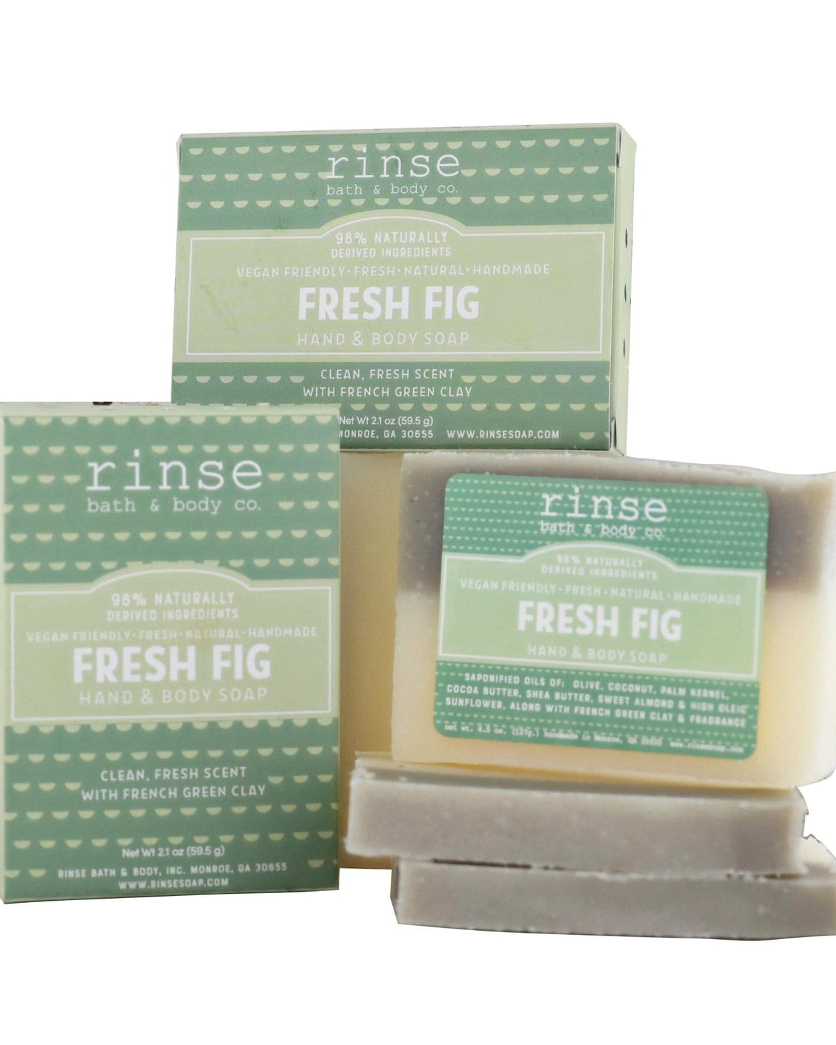 Mini Fresh Fig soap with sage cartons on bright white — cream bar over French green clay base